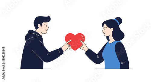 A man and a woman exchange a red heart in a gesture of love or connection.