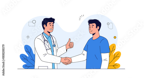 Doctor and patient shaking hands with a thumbs up gesture, signifying good health.
