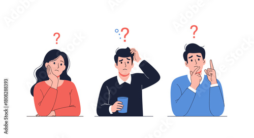 Three people looking confused and thoughtful with question marks above their heads.