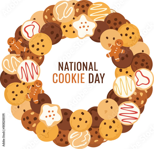 A colorful assortment of cookies arranged in a wreath shape with National Cookie Day text in the center against a clean white background.