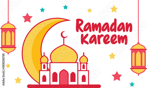 Vibrant ramadan kareem celebration illustration featuring a mosque crescent moon lanterns and colorful stars on a clean white background for festive greetings