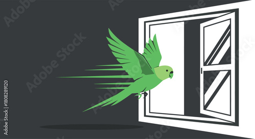Green Parrot's Freedom Flight: A dynamic illustration captures a vibrant green parrot taking flight from an open window, symbolizing freedom and new beginnings.