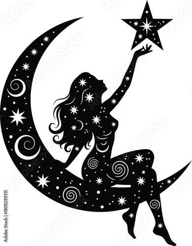 Celestial woman silhouette sitting on a crescent moon reaching for a star.