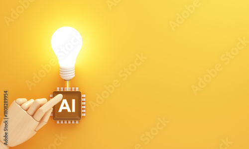 A wooden hand triggering an AI chip that lights a bright bulb, showing how AI amplifies human inspiration, improves efficiency, and leads innovation in the modern world. 3d rendering.