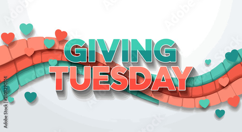 Modern Giving Tuesday Banner with Colorful 3D Hearts and Wavy Shapes