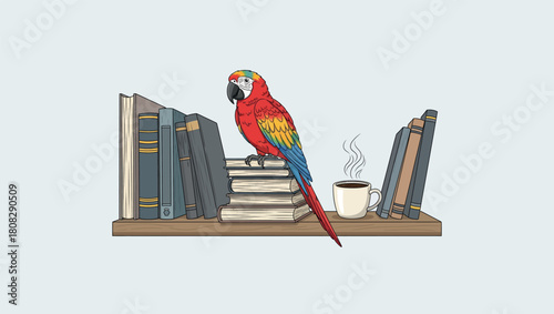 Parrot Reading Corner: A vibrant macaw perches thoughtfully amidst a collection of books on a shelf, accompanied by a steaming cup, creating a cozy and inviting reading corner.