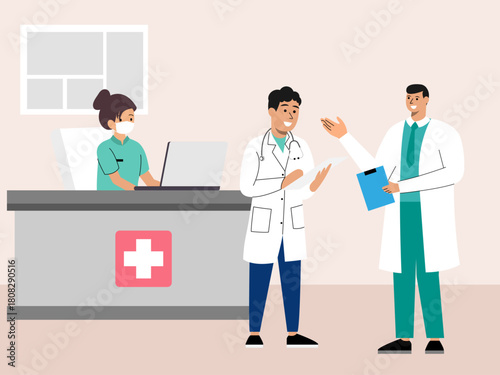 The doctors were talking to each other. Hospital vector illustration. Flat illustration concept.
