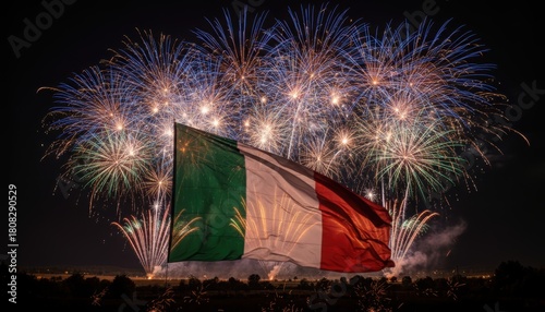 Italy Flag with Vibrant Fireworks Display Celebration. Patriotic Italian Pyrotechnics Spectacle. Festa della Repubblica Fireworks Over Italy Flag.