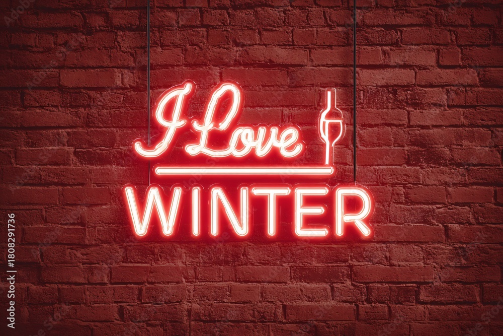 Fototapeta premium Neon sign says i love winter on a brick wall