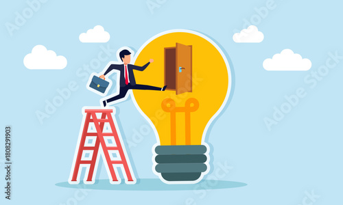 Businessman jumping from a ladder toward a door on a lightbulb illustrating the application of business ideas and innovation