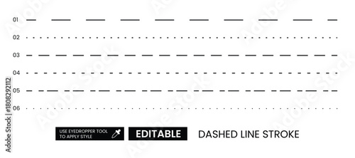 Variety of dashed line stroke types. Useful editable line designs for decor elements