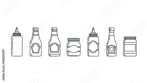 Diverse array of everyday kitchen condiment bottles and sauce jars presented in clean line art vector illustration for culinary design projects