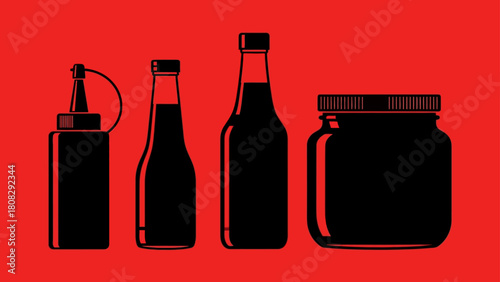 A bold graphic illustration showcasing a collection of culinary sauce and condiment containers in silhouette