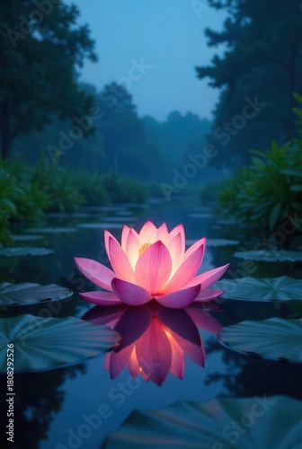 Serene Illuminated Lotus Blossom Floating Gently on Dark Water at Dusk