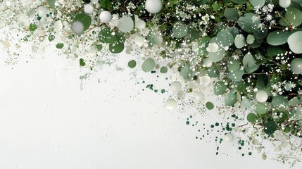 A soft, ethereal arrangement of eucalyptus leaves and delicate white baby's breath flowers cascades across a textured white surface.
