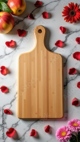 Wooden Cutting Board with Apples and Flowers on Marble