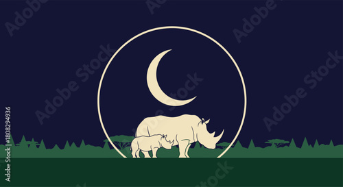 Rhino Family Silhouette at Night: A serene illustration depicts a rhino family under a crescent moon, framed by a soft circle and set against a dark, star-filled night.