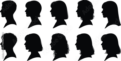 Black silhouette human head profiles, diverse hairstyles, male and female side views, vector illustration, demographic diversity, hairstyle modeling, identity concept