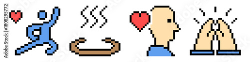 Set Pixel Wellness Icon Vector Ideal for gaming, health apps, spa, fitness, or digital art themes requiring a collection of 8-bit health symbols.