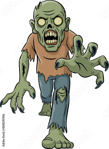 Cartoon zombie illustration, green undead character, scary monster art, Halloween horror design, creepy walking corpse, spooky vector, tattered clothes