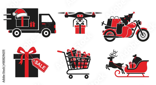 Christmas Delivery Service: A festive assortment of delivery methods, from classic trucks and motorcycles to futuristic drones and sleighs, ensuring presents arrive promptly.