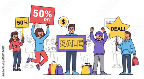 Deals and Discounts: Cheerful individuals proudly display sale signs and discount offers, beckoning potential shoppers with irresistible bargains.