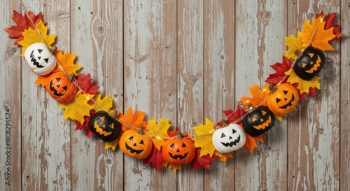 Festive Halloween Garland with Pumpkins and Autumn Leaves on Wood Background, Jack-o-lantern, Fall, Decoration