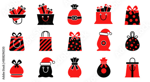 Festive Presents: a collection of red and black holiday gifts, each exquisitely wrapped, representing the joy of giving, the spirit of celebration and the anticipation of special moments.