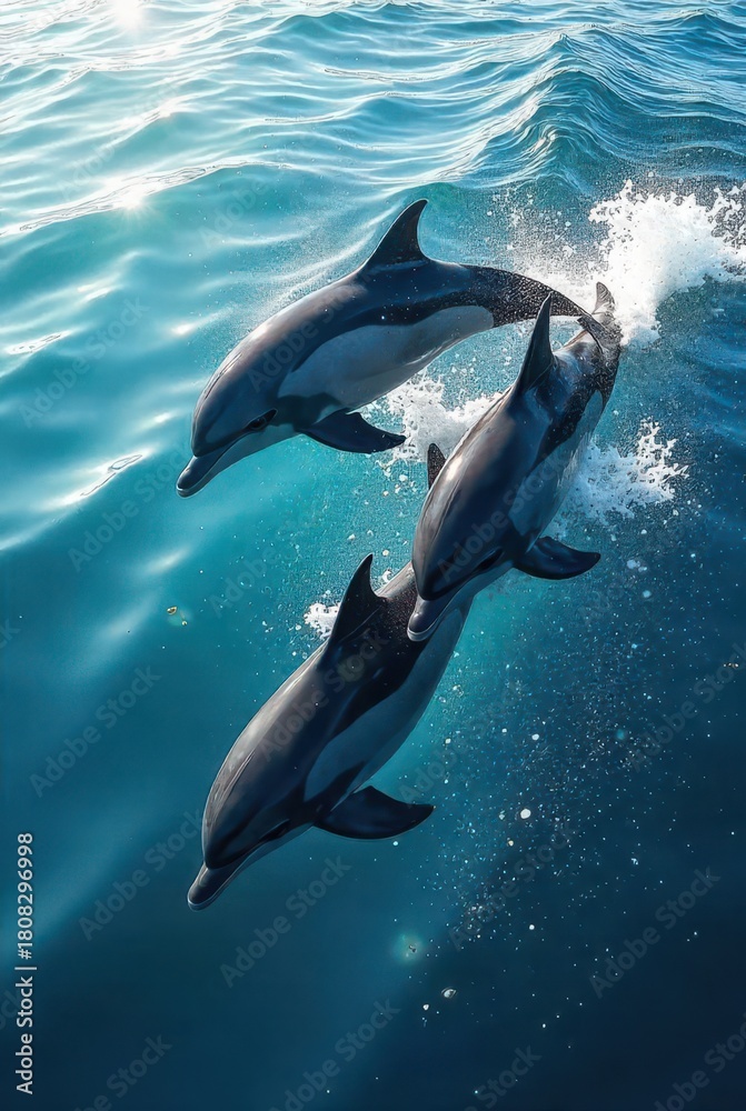 Naklejka premium Oceanic Trio Dolphins playfully leaping through sunlit waves, a vibrant display of marine wildlife in their natural habitat.