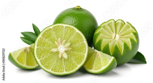 Fresh Lime Slices and Whole Fruit on White Background, Limes, Citrus, Green