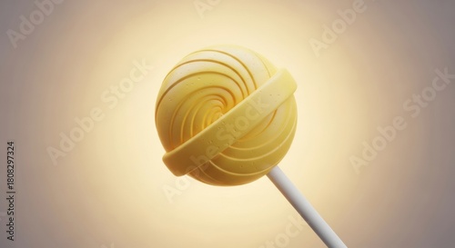 Single Yellow Swirled Lollipop on White Stick with Subtle Bubbles, Candy, Sweet, Spiral