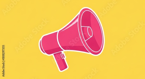Pink Megaphone on Yellow Background, Bullhorn, Loudspeaker, Announcement