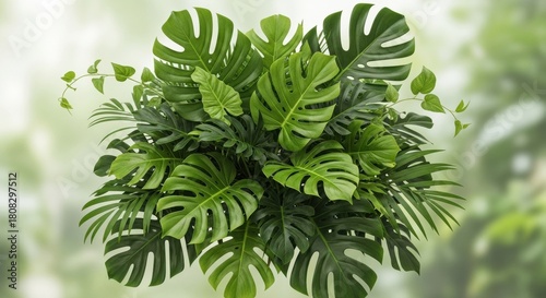 Lush Green Tropical Leaves Backdrop, Monstera deliciosa, Philodendron, Jungle
