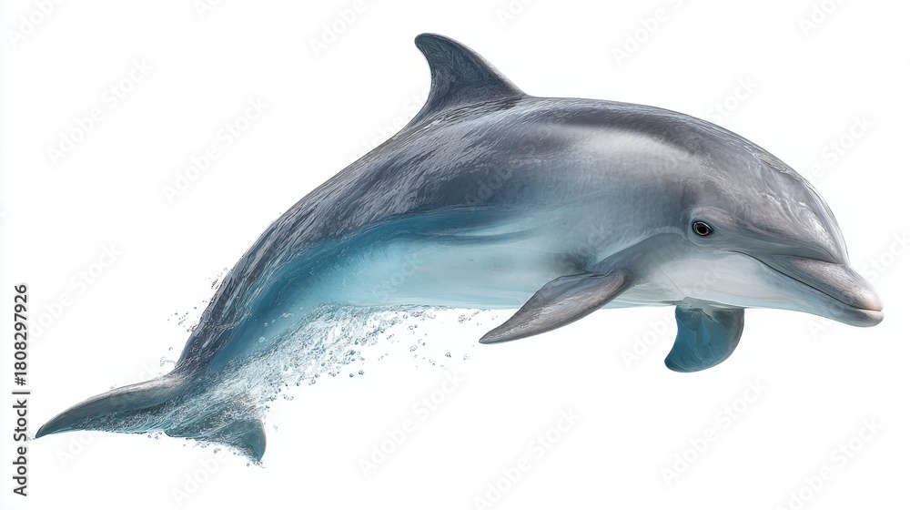 Fototapeta premium A dolphin leaps out of the water with grace, displaying its sleek body and joyful demeanor against a bright blue backdrop. This moment captures the beauty of marine life.