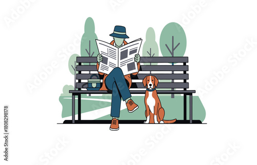 Elegant gentleman reading news with his loyal dog in a peaceful park - a scene of calm and companionship in the city, perfect for lifestyle brands