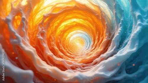 Abstract swirling vortex of vibrant hues, a journey through luminous orange and cool blue, leading to a radiant light