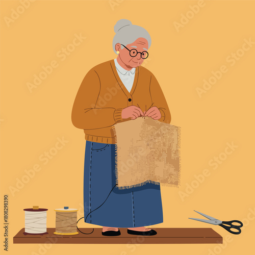 Vector Illustration of Elderly Woman Knitting in Modern Minimalist Style with Warm Earth Tone Colors