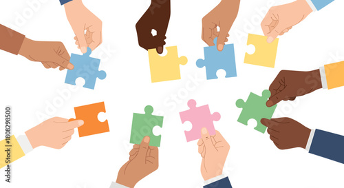 Diverse hands collaborate, piecing together colorful jigsaw puzzle pieces, symbolizing teamwork, unity, and problemsolving isolated on