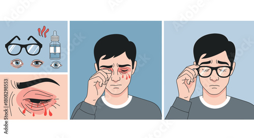 Illustration depicting a man experiencing symptoms of an eye infection, including redness, swelling, and discharge, along with visual aids like glasses and eye drops to manage the condition