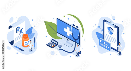 Isometric illustration of healthcare and medical concepts featuring prescription, computer with medical cross, and patient record, showcasing modern healthcare technology