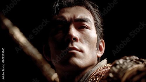 Close-up shot of a majestic Tang Dynasty general in armor