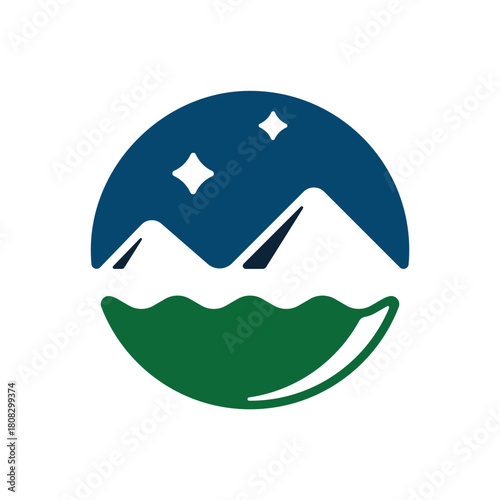 river view between mountains and grasslands logo vector