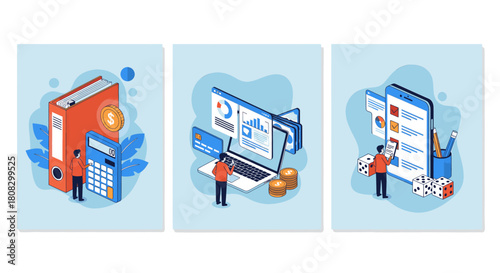 Isometric illustration set depicting financial management, featuring a binder with a calculator, a laptop with data charts, and a smartphone with task management