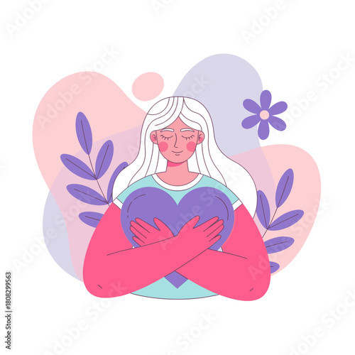 A woman with white hair is hugging a purple heart with her arms crossed, surrounded by abstract shapes and leaves isolated on
