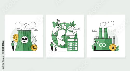 Illustrations depict environmental issues, including nuclear energy, global warming, and carbon emissions, highlighting the challenges and potential solutions for a sustainable future