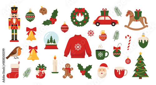 Festive christmas icons isolated on nutcracker, ornaments, holly, wreath, car, rocking horse, bells, snow globe, sweater, mug, candy cane, and more