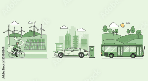 Illustrative depiction of ecofriendly transportation options, showcasing cycling through green landscapes, electric car charging in urban areas, and a bus navigating nature