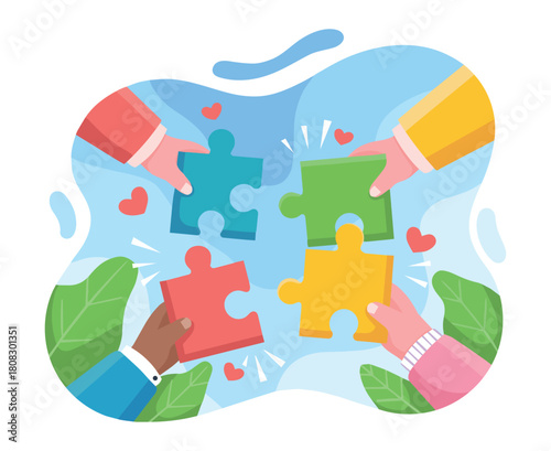 Diverse hands collaborating to assemble a jigsaw puzzle, symbolizing teamwork and unity.