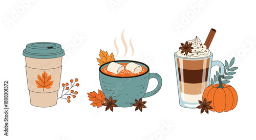 Cozy autumn drinks isolated on a pumpkin spice latte, a cup of hot chocolate with marshmallows, and a coffee to go with a maple leaf