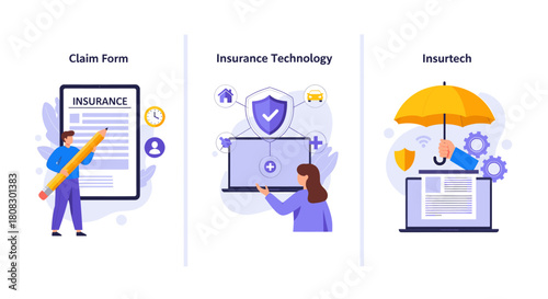 Insurance claim form, insurance technology and insurtech concept isolated on man filling claim form with pencil woman using insurance technology on laptop